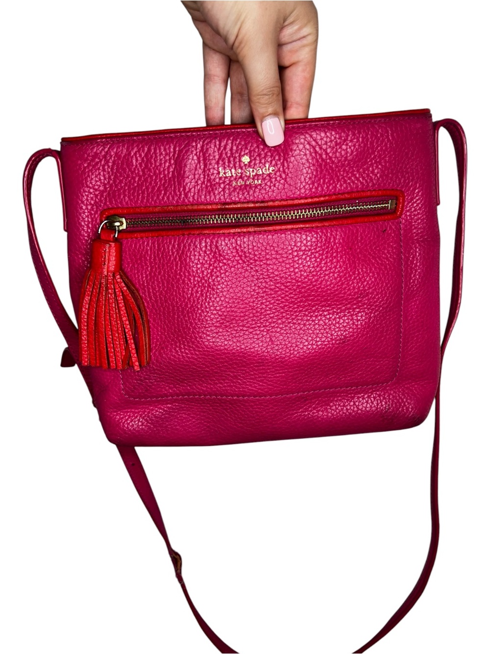 Kate Spade New York Bright Pink Leather Crossbody Bag with Tassel